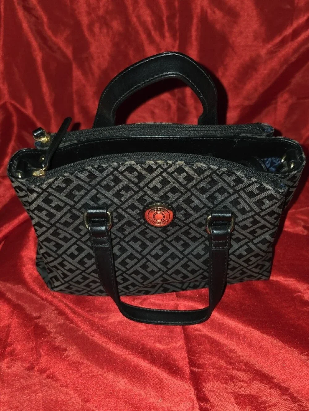 Tommy Hilfiger Black and Gray Monogram Satchel with Gold Accent